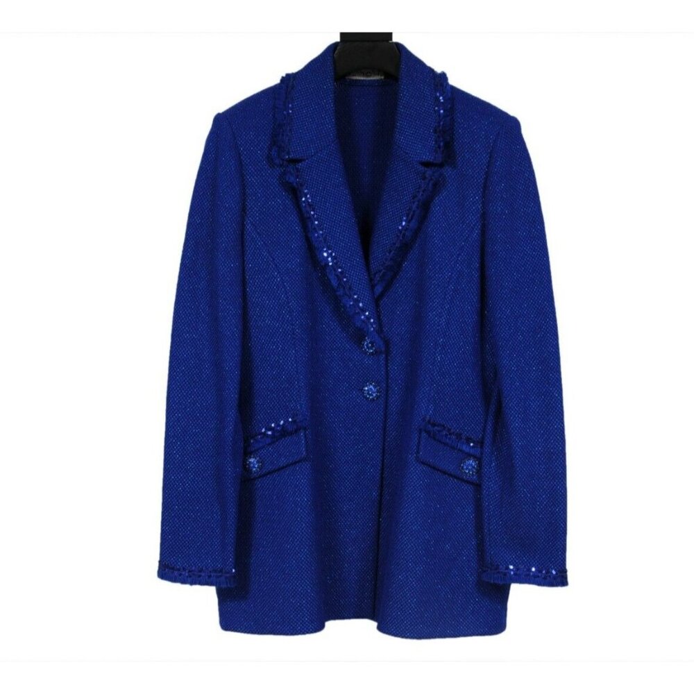 St. John Evening Womens Blazer US 2 Medium Blue Metallic Sequin Jacket Coat